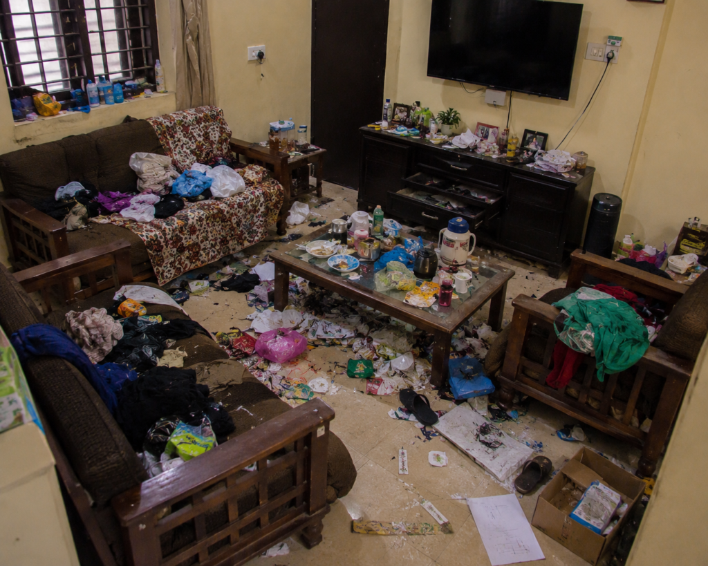 Cluttered living room in disarray