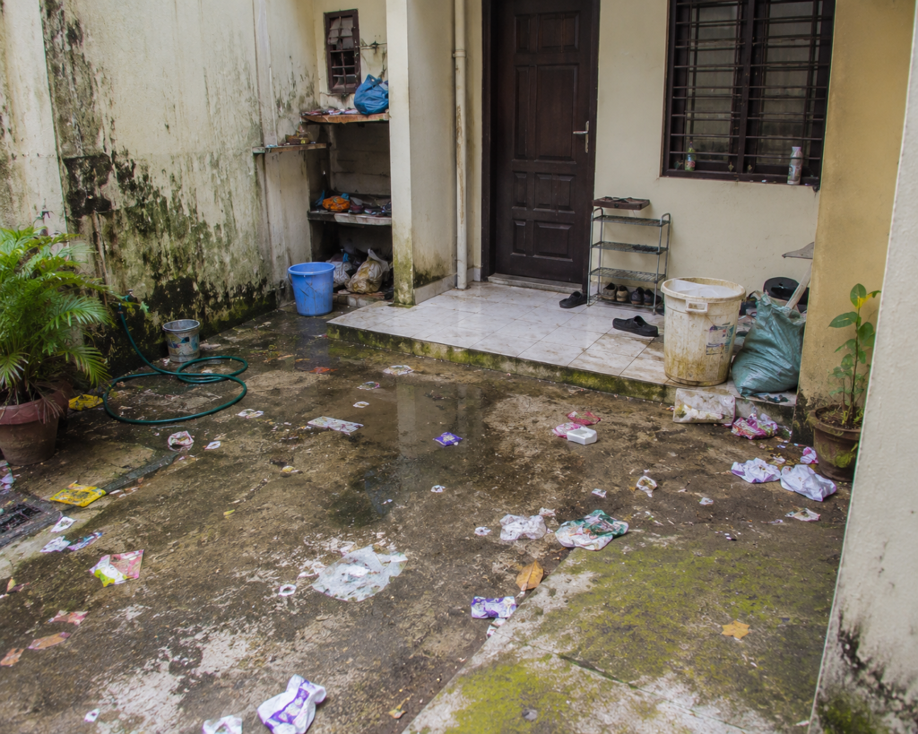 Balconies, yards, and entrance areas cleaned to prevent insects and maintain hygiene.