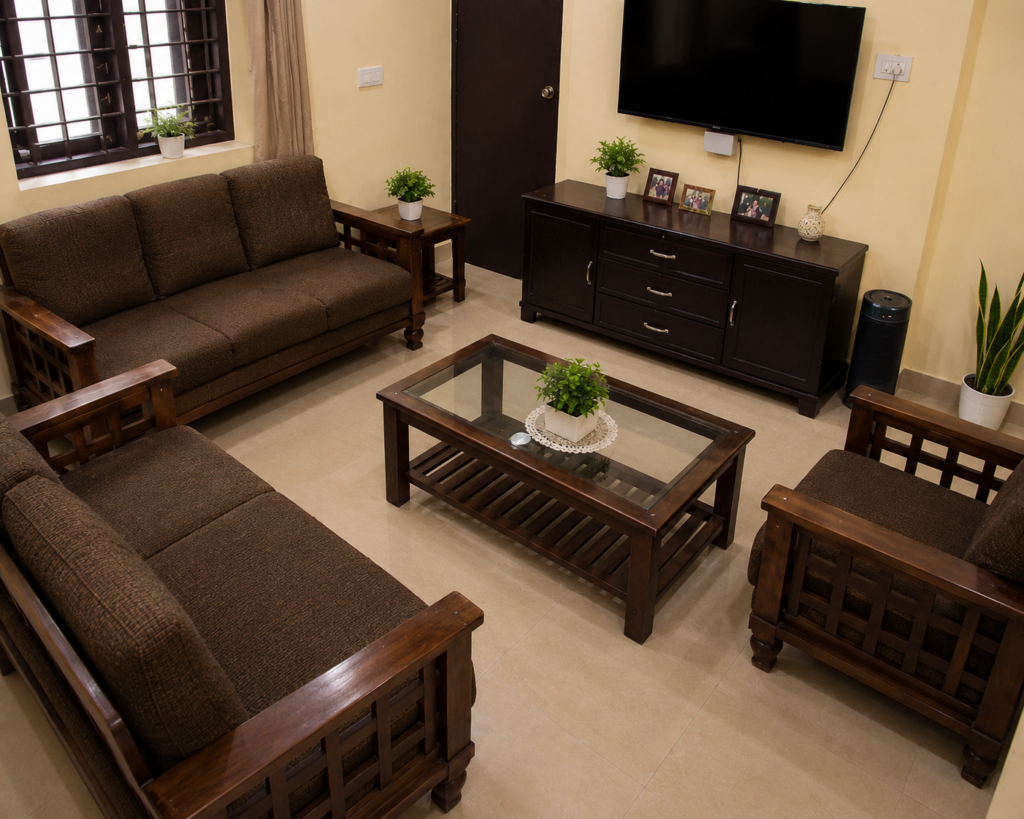 Cozy living room with wooden accents